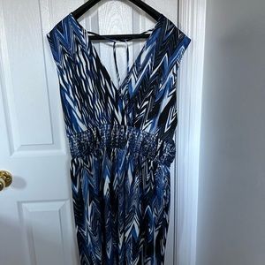 Blue and black patterned dress .